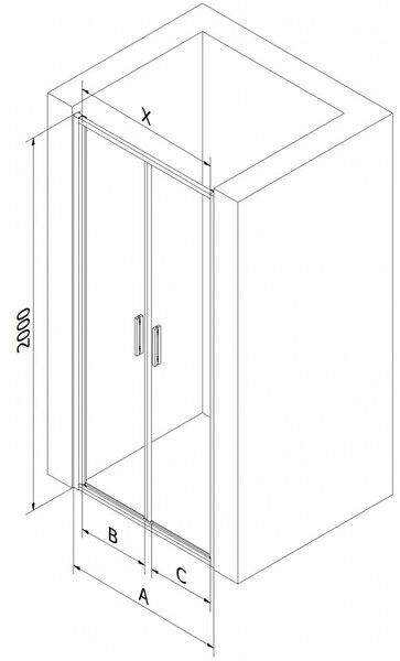 Mexen Exo, dvojkrídlové sprchové dvere 70x200 cm, 6mm číre sklo, čierny profil, 814-070-000-70-00
