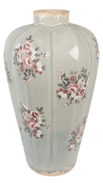 Šedá keramická dekoračná váza s kvetmi Floria - Ø 17*28 cm - Clayre & Eef
