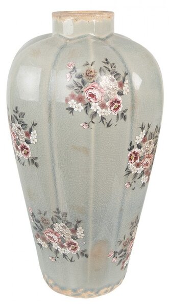 Šedá keramická dekoračná váza s kvetmi Floria - Ø 17*28 cm - Clayre & Eef