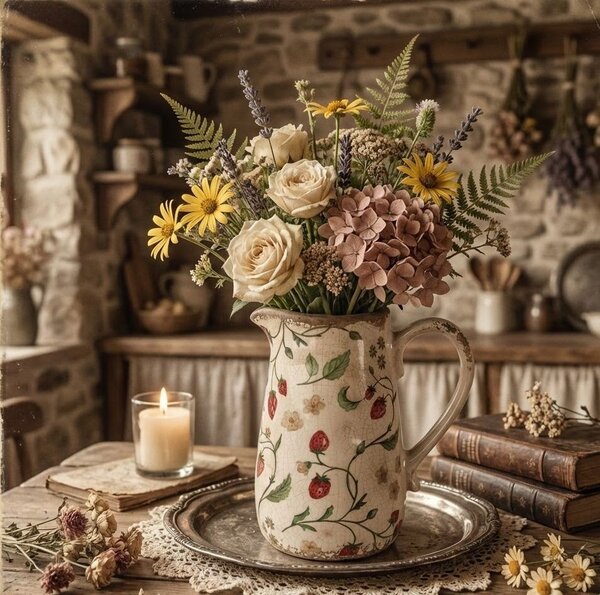 Béžový keramický džbán s jahôdkami Wild Strawberries M - 16*12*18 cm - Clayre & Eef
