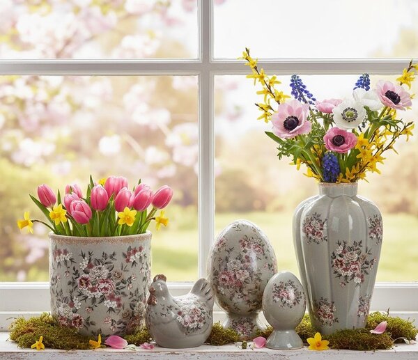 Šedá keramická dekoračná váza s kvetmi Floria - Ø 17*28 cm - Clayre & Eef