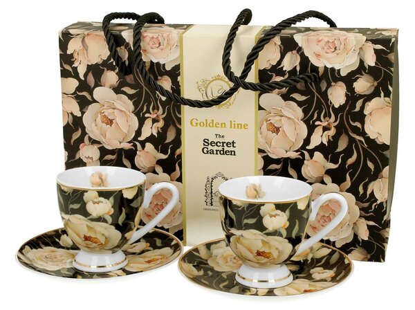 Porcelánová šálka na nohe s podšálkou English Roses Black 90 ml sada 2ks