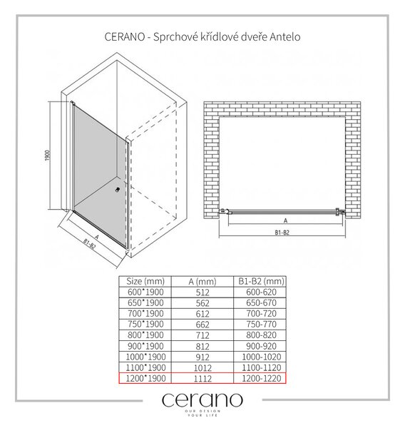 CERANO - Sprchové krídlové dvere Antelo L/P - čierna matná, transparentné sklo - 120x190 cm, CER-CER-481756