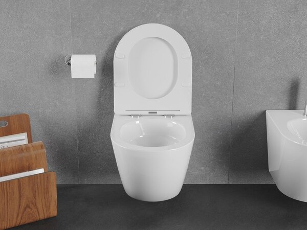 Mexen Lena, závesná WC misa 490x360x340 mm, Rimless Tornádo + toaletné WC sedadlo z duroplastu, biela lesklá, 30220300T