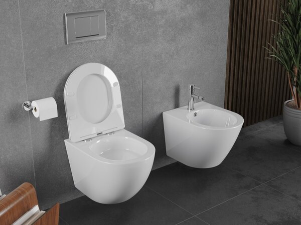 Mexen Lena, závesná WC misa 490x360x340 mm, Rimless Tornádo + toaletné WC sedadlo z duroplastu, biela lesklá, 30220300T