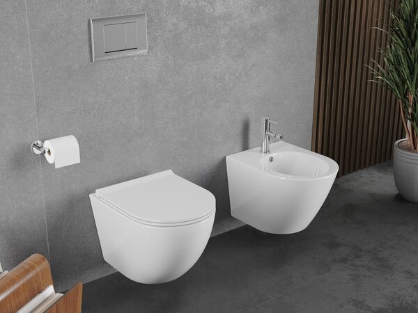 Mexen Lena, závesná WC misa 490x360x340 mm, Rimless Tornádo + toaletné WC sedadlo z duroplastu, biela lesklá, 30220500T