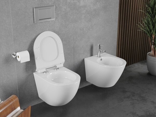 Mexen Lena, závesná WC misa 490x360x340 mm, Rimless Tornádo + toaletné WC sedadlo z duroplastu, biela lesklá, 30224000T