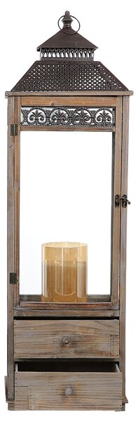 Drevený lampáš čipkovaný so šuflíkom MSL3352 - hnedý (38x31x123 cm) - vidiecky štýl