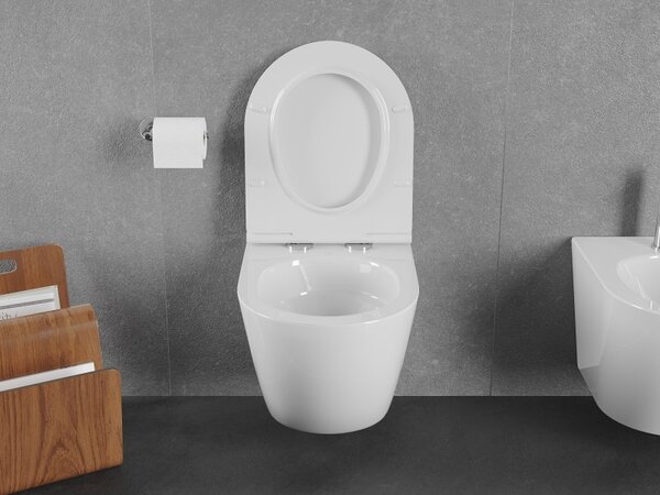 Mexen Lena, závesná WC misa 490x360x340 mm, Rimless Tornádo + toaletné WC sedadlo z duroplastu, biela lesklá, 30220500T