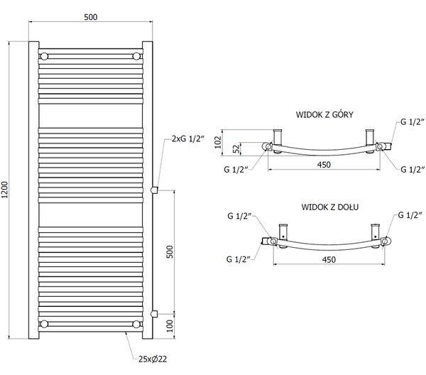Mexen Ares, vykurovacie teleso 1200 x 500 mm, 531 W, bočné pravé a spodné pripojenie, čierna, W102-1200-500-00-70-S