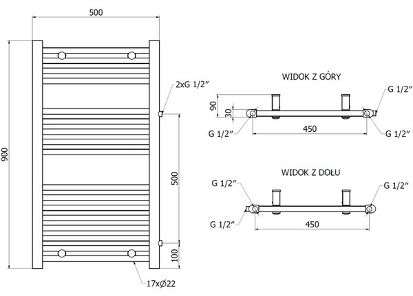 Mexen Mars, vykurovacie teleso 900 x 500 mm, 370 W, bočné pravé a spodné pripojenie, biela, W110-0900-500-00-20-S