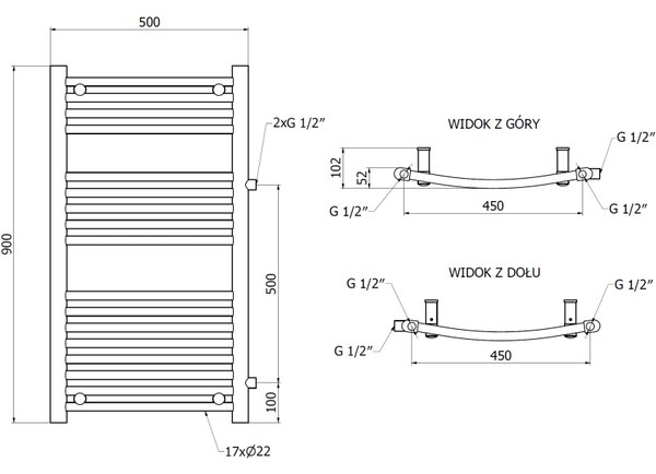 Mexen Ares, vykurovacie teleso 900 x 500 mm, 372 W, bočné pravé a spodné pripojenie, biela, W102-0900-500-00-20-S