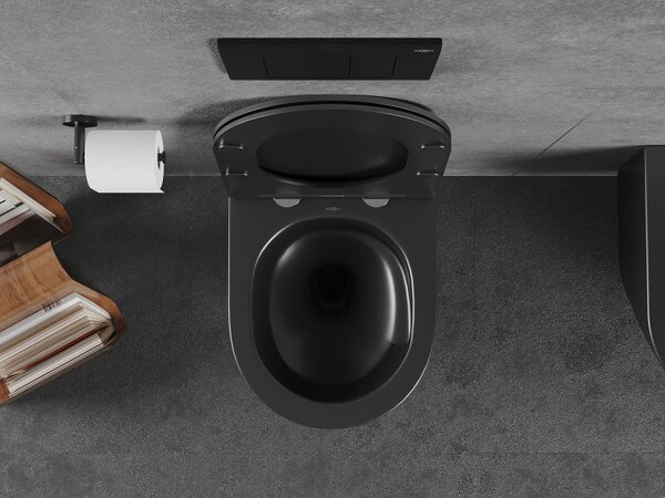 Mexen Lena, závesná WC misa 490x360x340 mm, Rimless Tornádo + WC sedadlo z duroplastu, čierna matná, 30221085T
