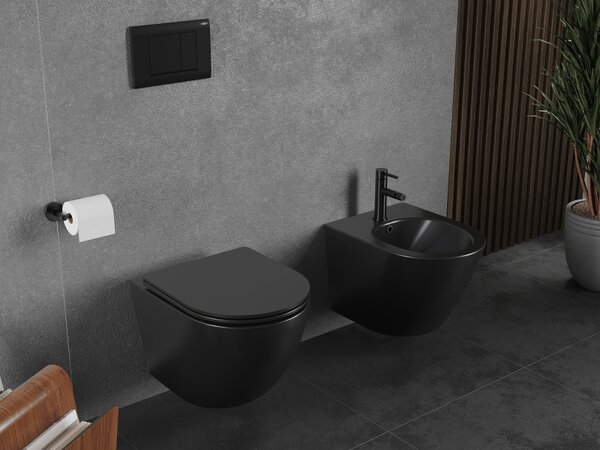 Mexen Lena, závesná WC misa 490x360x340 mm, Rimless Tornádo + WC sedadlo z duroplastu, čierna matná, 30221085T