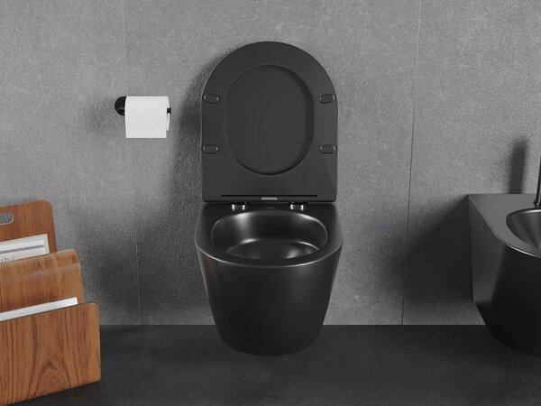 Mexen Lena, závesná WC misa 490x360x340 mm, Rimless Tornádo + WC sedadlo z duroplastu, čierna matná, 30221085T