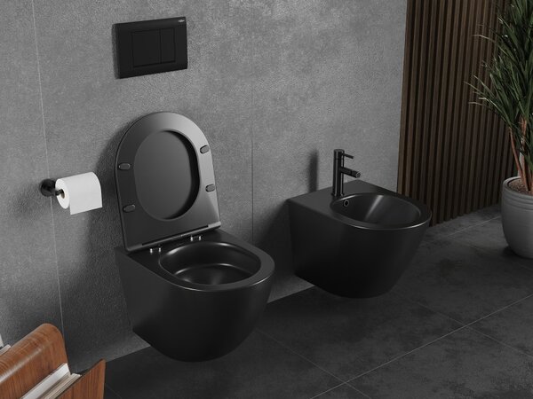Mexen Lena, závesná WC misa 490x360x340 mm, Rimless Tornádo + WC sedadlo z duroplastu, čierna matná, 30221085T