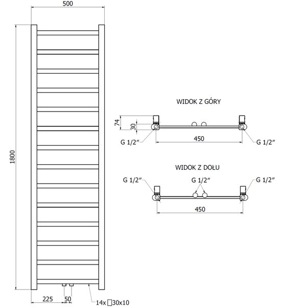Mexen Bolt, vykurovacie teleso 1800 x 500 mm, 460 W, spodné a stredové, antracitová, W126-1800-500-00-66