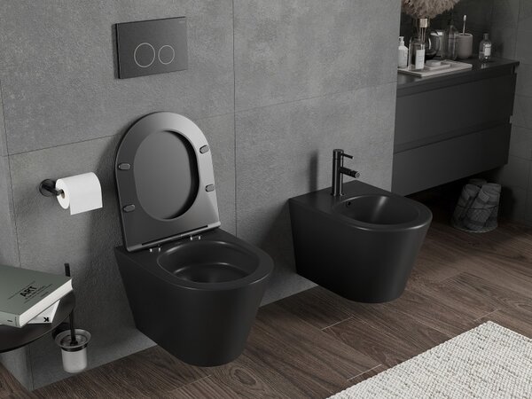 Mexen Rico, závesná WC misa 490x360x370 mm, Rimless Tornádo, čierna matná, 3372XX85T