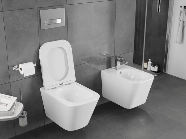 Mexen Teo, závesná WC misa 510x345x340 mm, Rimless Tornádo + WC sedadlo z duroplastu, biela lesklá, 30850600T