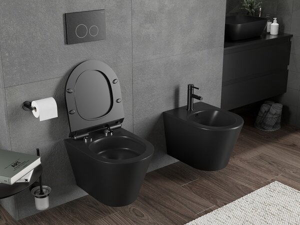 Mexen Rico, závesná WC misa 490x360x370 mm, Rimless Tornádo + WC sedadlo z duroplastu, čierna matná, 30720185T