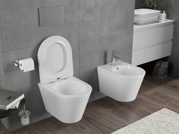 Mexen Rico, závesná WC misa 490x360x370 mm, Rimless Tornádo + WC sedadlo z duroplastu, biela lesklá, 30720400T