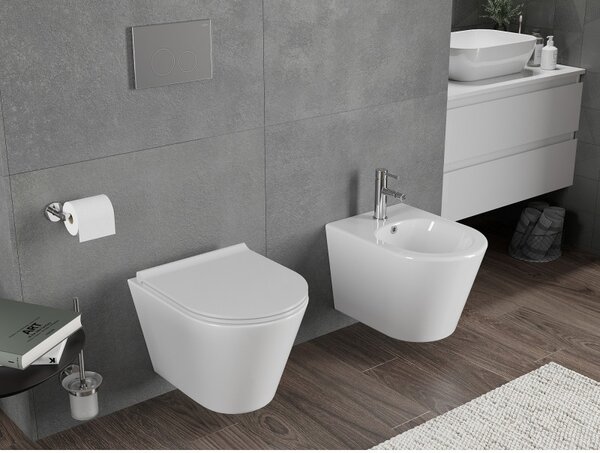 Mexen Rico, závesná WC misa 490x360x370 mm, Rimless Tornádo + WC sedadlo z duroplastu, biela lesklá, 30720500T
