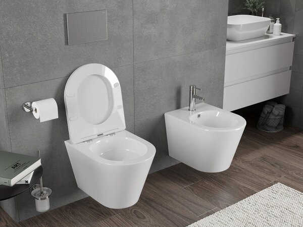 Mexen Rico, závesná WC misa 490x360x370 mm, Rimless Tornádo + WC sedadlo z duroplastu, biela lesklá, 30720300T
