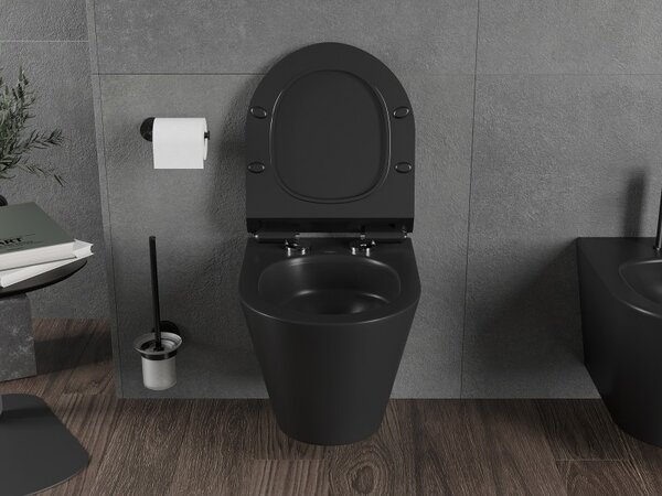 Mexen Rico, závesná WC misa 490x360x370 mm, Rimless Tornádo + WC sedadlo z duroplastu, čierna matná, 30720185T