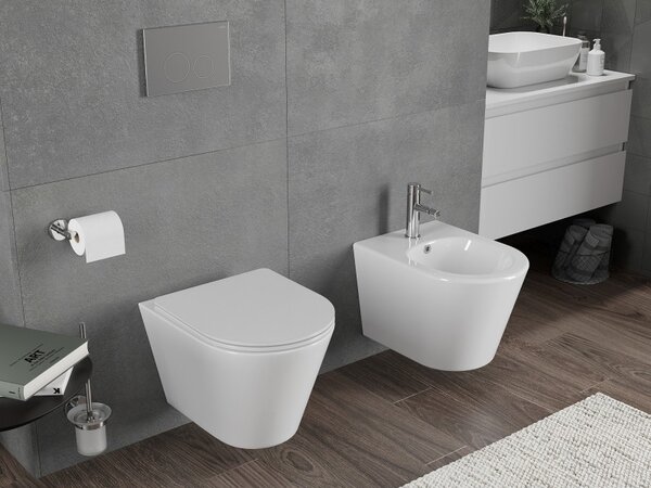 Mexen Rico, závesná WC misa 490x360x370 mm, Rimless Tornádo + WC sedadlo z duroplastu, biela lesklá, 30720300T