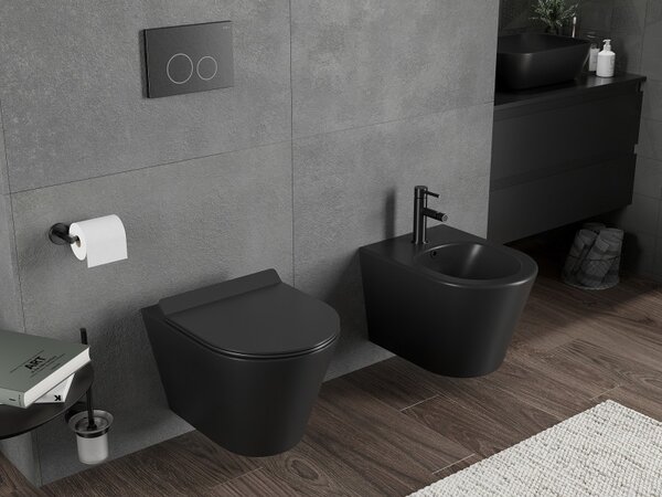 Mexen Rico, závesná WC misa 490x360x370 mm, Rimless Tornádo + WC sedadlo z duroplastu, čierna matná, 30720185T