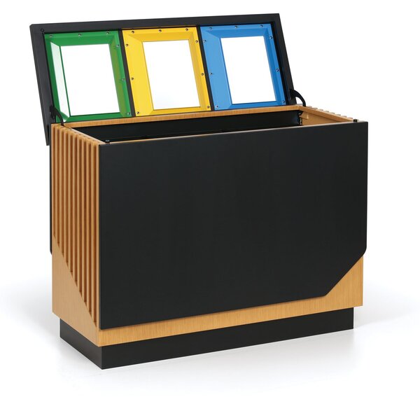 Kôš na triedený odpad, 3x89 l, čierny/imitácia dreva