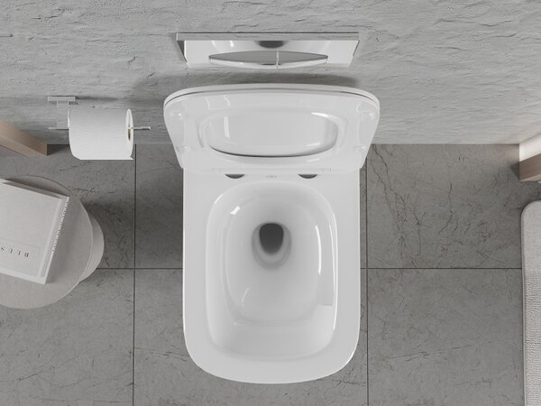Mexen Riva, závesná WC misa 555x370x335 mm, Rimless Tornádo + WC sedadlo z duroplastu, biela lesklá, 30630200T
