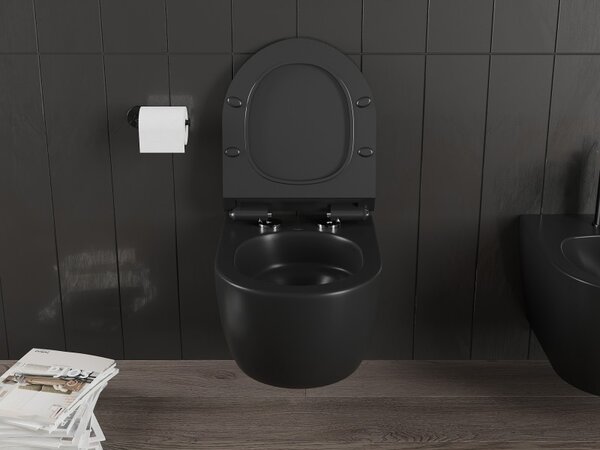 Mexen Carmen, závesná WC misa 490x365x340 mm, Rimless Tornádo + WC sedadlo z duroplastu, čierna matná, 30880185T