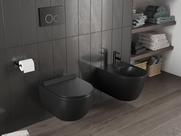Mexen Carmen, závesná WC misa 490x365x340 mm, Rimless Tornádo + WC sedadlo z duroplastu, čierna matná, 30880185T