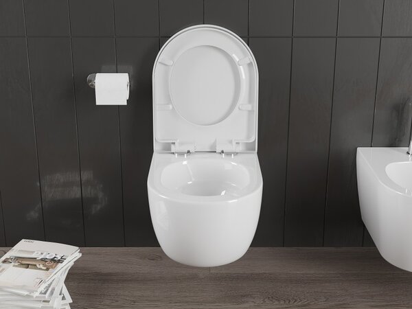 Mexen Carmen, závesná WC misa 490x365x340 mm, Rimless Tornádo + WC sedadlo z duroplastu, biela lesklá, 30880200T