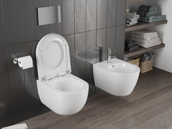 Mexen Carmen, závesná WC misa 490x365x340 mm, Rimless Tornádo + WC sedadlo z duroplastu, biela lesklá, 30880200T