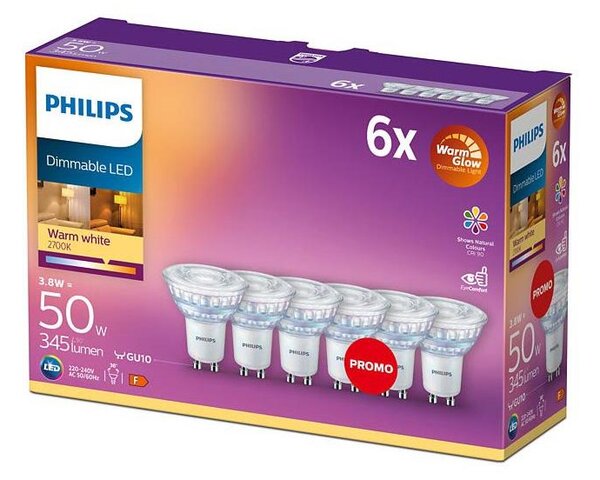 SADA 6x LED Stmievateľná žiarovka Philips Warm Glow GU10/3,8W/230V 2200-2700K