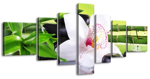 Obraz s hodinami Biela orchidea a kamene - 7 dielny Rozmery: 160 x 70 cm