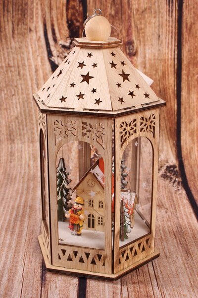 Drevený lampáš - Vianočná dedinka s LED osvetlením - naturálny 1. (16x14x29cm)