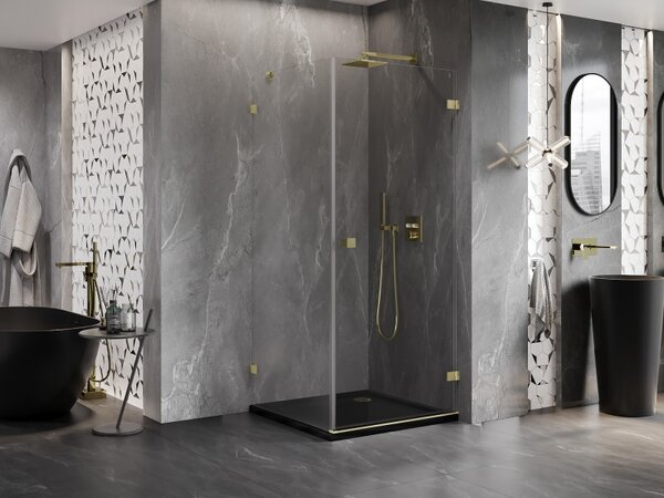 Mexen Lunar-B, pravostranný výklopný sprchový kút 70 x 70 cm, 8mm číre sklo, zlatý kartáčovaný - 832-070-070-55-00-P