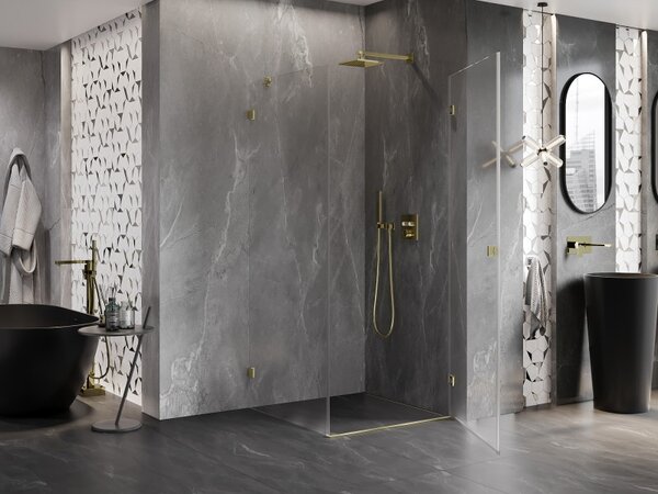 Mexen Lunar-B, pravostranný výklopný sprchový kút 70 x 70 cm, 8mm číre sklo, zlatý kartáčovaný - 832-070-070-55-00-P