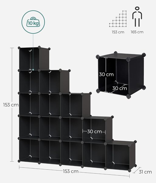 SONGMICS Variabilný plastový regál s 16 boxami 30 x 30 cm čierny