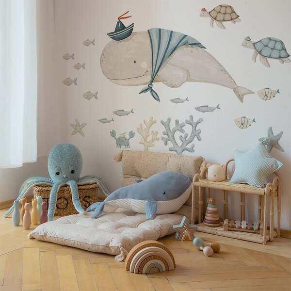 Detská nálepka na stenu Sea voyage - veľryba, koraly, korytnačky a ryby
