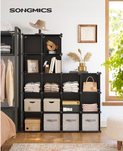 SONGMICS Variabilný plastový regál s 16 boxami 30 x 30 cm čierny