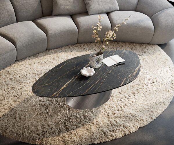 DELIFE Konferenčný stolík Edge organický 140x76 cm keramika Laminam® Noir Desir hnedá Conis metalická strieborná