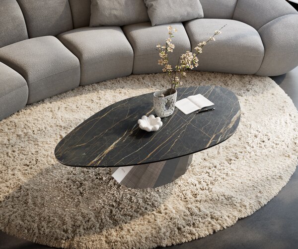 DELIFE Konferenčný stolík Edge organický 140x76 cm keramika Laminam® Noir Desir hnedá Parabi metalická strieborná