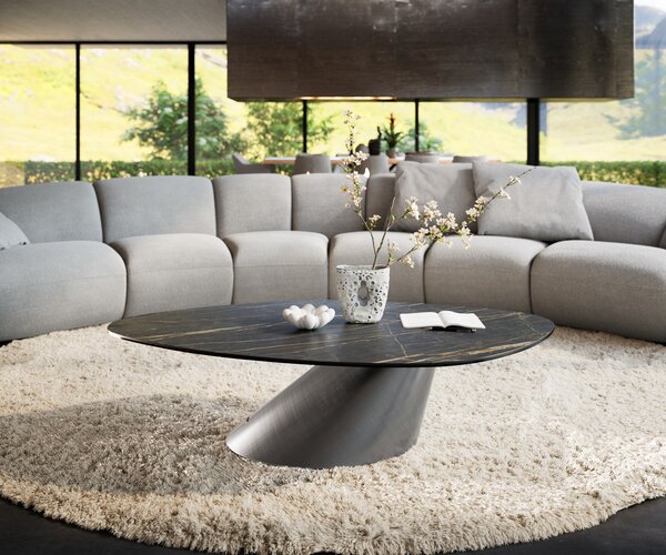 DELIFE Konferenčný stolík Edge organický 140x76 cm keramika Laminam® Noir Desir hnedá Conis metalická strieborná