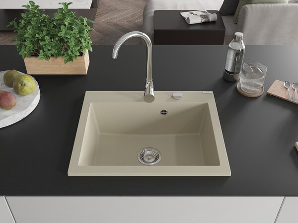 Mexen Elix, 1-korový granitový drez 600 x 500 mm, béžová, chrómový sifón, 6525601005-69
