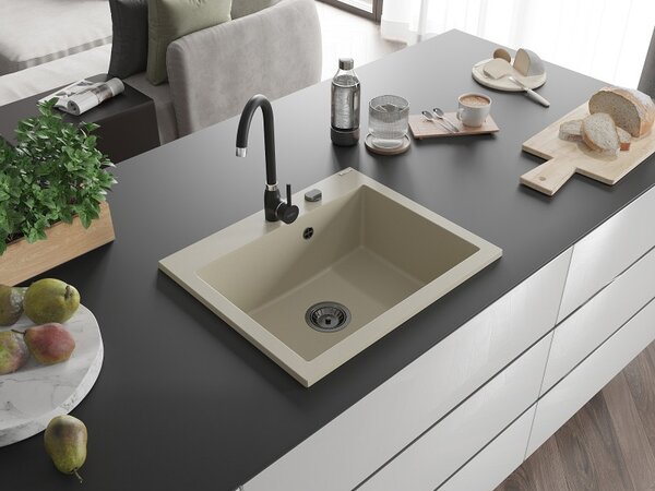 Mexen Elix, 1-korový granitový drez 600 x 500 mm, béžová, čierny sifón, 6525601005-69-B