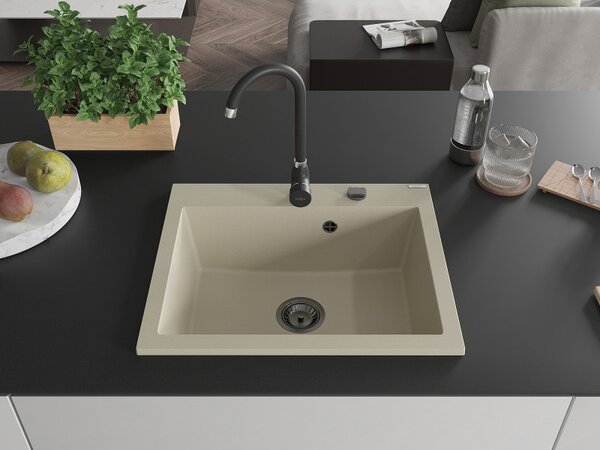 Mexen Elix, 1-korový granitový drez 600 x 500 mm, béžová, čierny sifón, 6525601005-69-B
